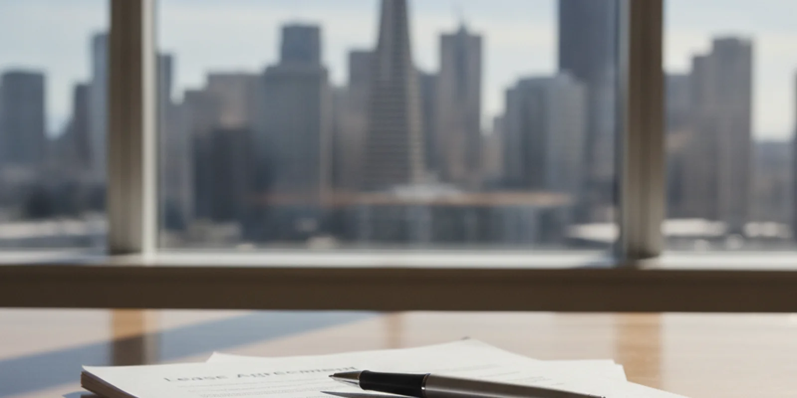 Commercial lease documents on a desk with a San Francisco city view